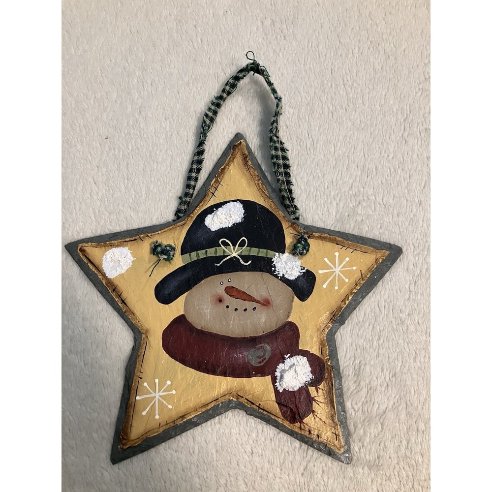 Painted Slate Wall Hanging Sign Christmas Snowman Winter Snow Stars Stone